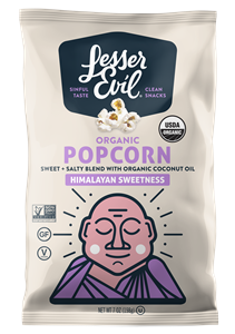 LesserEvil Organic Popcorn Reviews and Information. Dairy-free and Vegan varieties. Pictured: Himalayan Sweetness