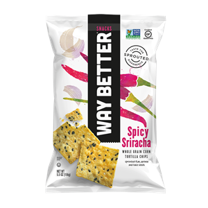 Way Better Tortilla Chips are Sprouted Whole Grain Snacks - Reviews and Info for Dairy-Free and Vegan Varieties. Pictured: Spicy Sriracha