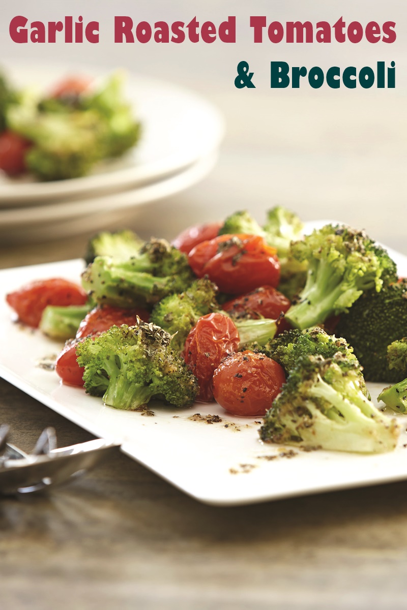 Garlic Roasted Broccoli and Tomatoes - delicious caramelized vegetables paired with basil, oregano and white wine vinegar