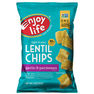 Enjoy Life Lentil Chips Reviews and Information - dairy-free, gluten-free, nut-free, soy-free crunchy snacks in cheesy and other savory flavors.