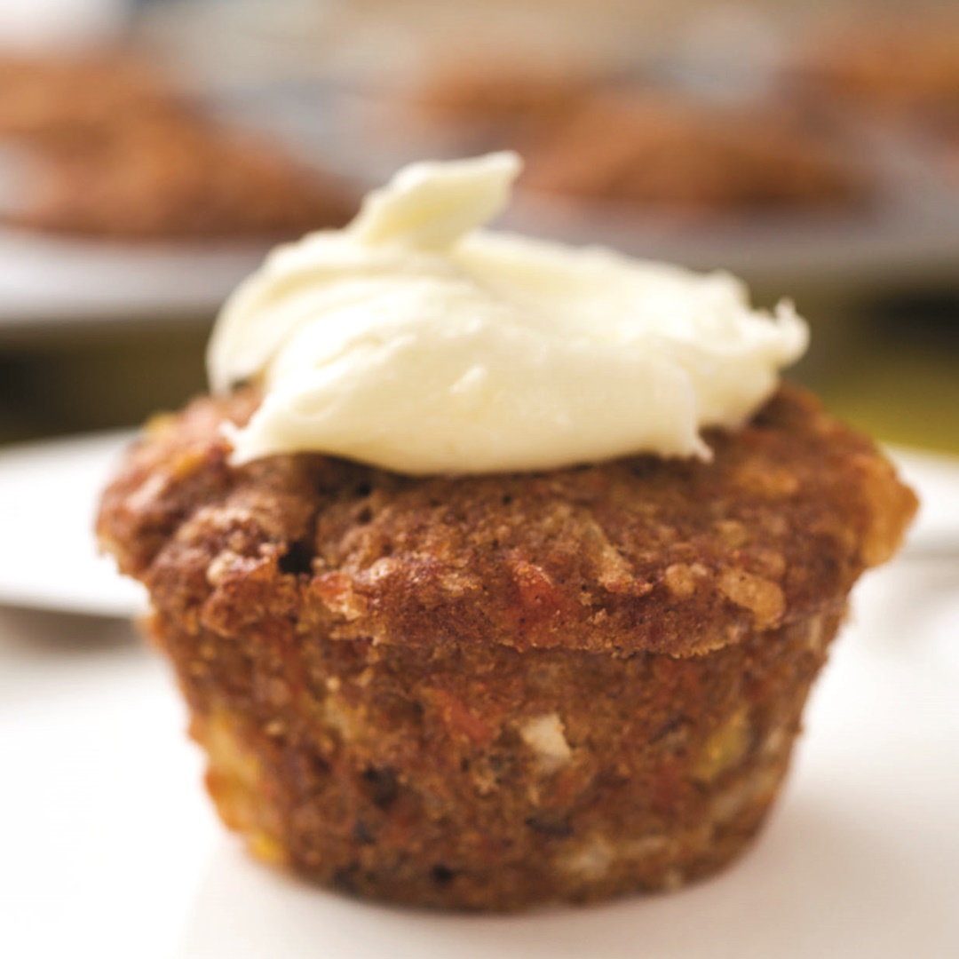 Sweet Morning Glory Muffins with Dairy-Free Cream Cheese Frosting (Recipe)