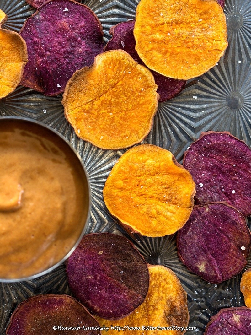 This simple, nutritious 2-in-1 recipe for baked sweet potato chips includes a delicious fruit-sweetened dip. Vegan, gluten-free, dairy-free, paleo optional.