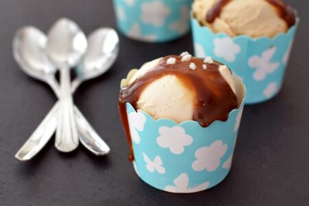 Mini Salted Caramel Cupcake Sundaes - sweet, decadent, pint-size caramel cupcakes topped with ice cream and dairy-free caramel sauce! (vegan, optionally gluten-free)