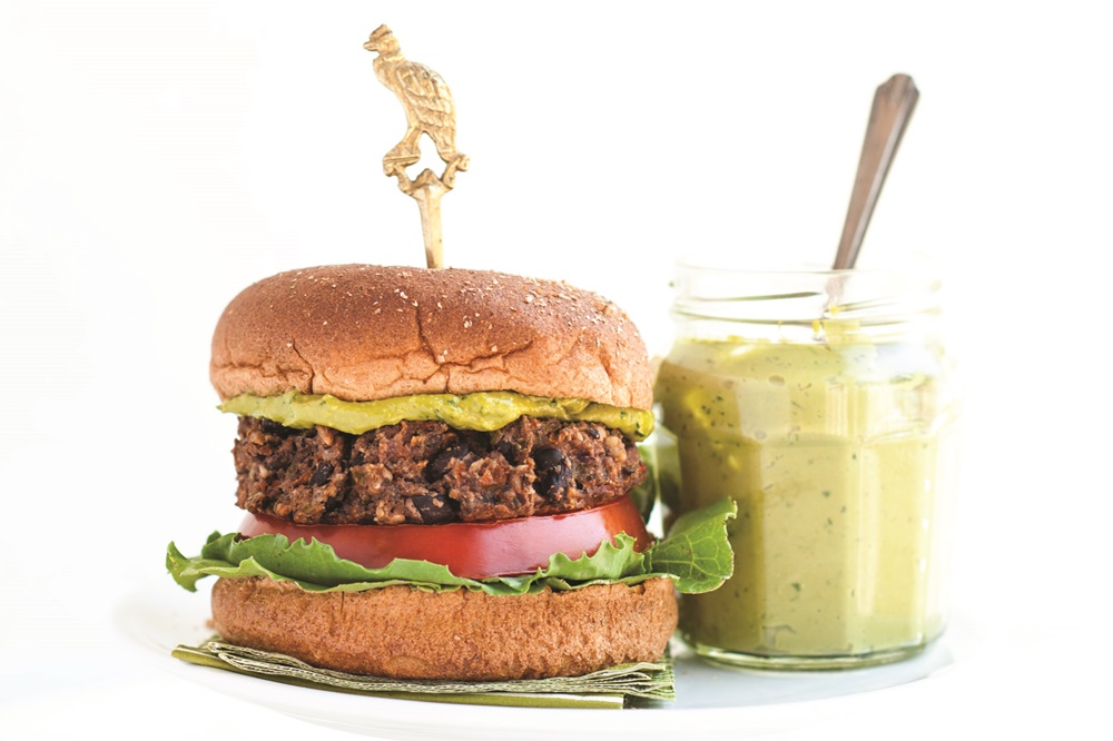 Veggie Black Bean Burgers with Green Tea Basil Aioli - this flavorful recipe is naturally dairy-free, gluten-free and soy-free and a feature from the cookbook Steeped, by Annelies Zijderveld