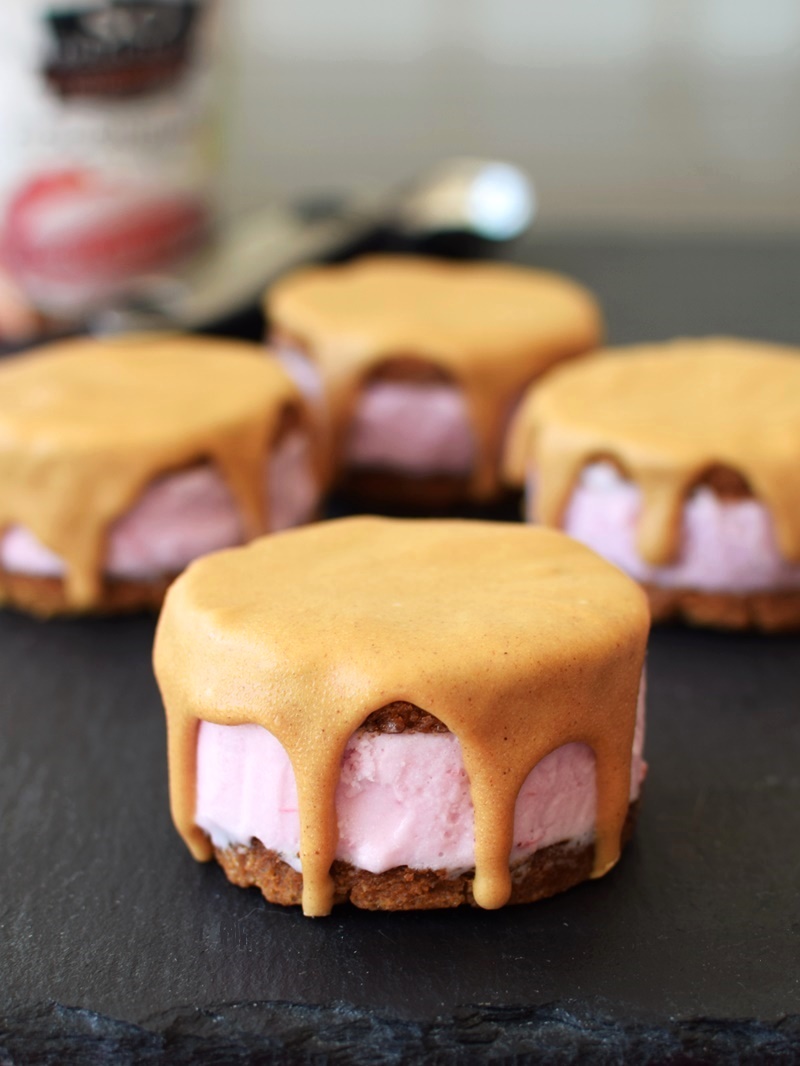 PB&J Ice Cream Sandwiches - perfectly peanut butter cookies, dairy-free strarwberry ice cream and magical peanut butter coating (naturally vegan, gluten-free, soy-free)
