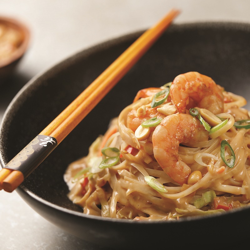 Peanut Butter Ramen with Spicy Orange Shrimp - an amazing award-winning, Asian-style recipe with a creamy sauce and ample flavor. Gluten-free optional.