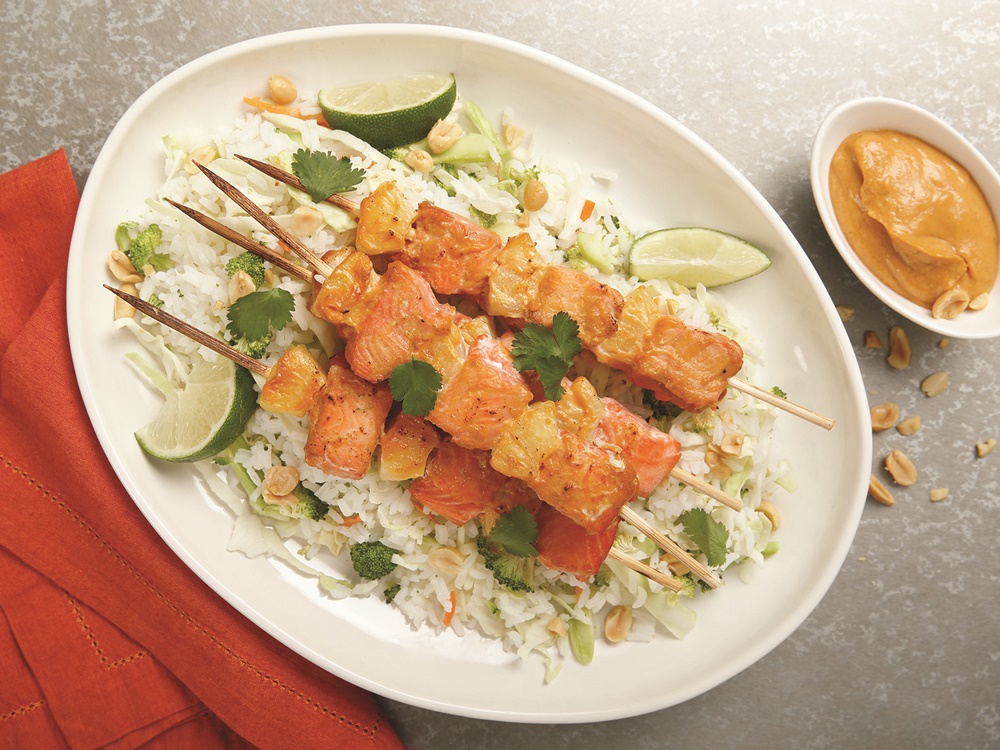 Spicy Peanut Butter Glazed Salmon Skewers with Warm Rice Salad