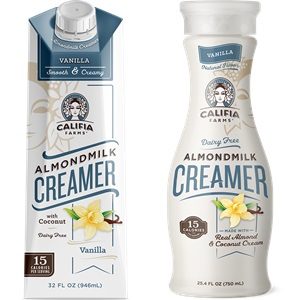 Califia Farms Almond Milk Creamer Reviews and Info - dairy-free, gluten-free, vegan, available in shelf-stable cartons and refrigerated bottles. Pictured: Vanilla