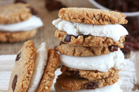Mini "Oatmeal" Raisin Ice Cream Sandwiches - These dairy-free, grain-fee ice cream sandwiches are a sweet indulgence, but low in sugars. They're naturally gluten-free and vegan, too!