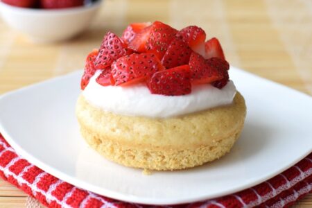Strawberry Shortcake Donuts (Baked Recipe!) - Delicious, quick, whole grain cake donuts with easy homemade dairy-free whip and fresh strawberries.