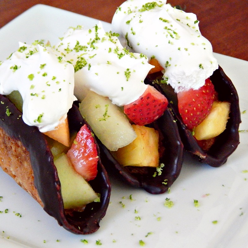 Dessert Tacos with Cookie Thin Shells, Chocolate Ganache, Fresh Fruit Filling and Lime CocoWhip - yes, the recipe is as amazing as it sounds! Gluten-free (with wheat option), dairy-free and optionally vegan!