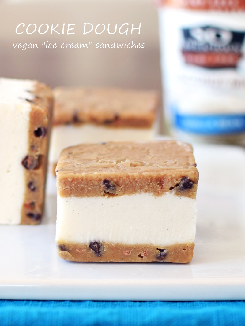Cookie Dough Ice Cream Sandwiches - Dairy-Free Vanilla Bean Frozen Dessert sandwiched between Vegan Chocolate Chip Cookie Dough for over-the-top indulgence!
