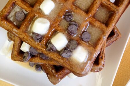 Dairy-Free S'mores Waffles Recipe - chocolate-graham waffles with easy marshmallow syrup - a healthier spin on this famous dessert!