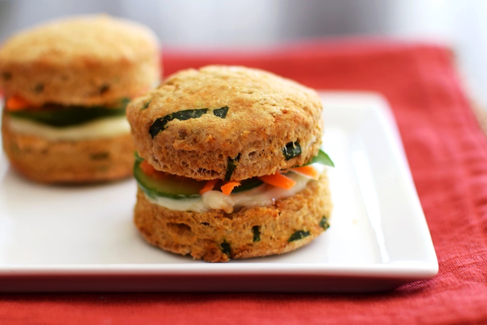 Thai Biscuit Mini Sandwiches with Quick Pickled Vegetables and Garlic Aioli - the delicious biscuits are infused with basil, red curry, and more! Naturally dairy-free and vegan recipe.