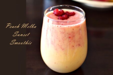 Peach Melba Sunset Smoothie Recipe: Cool, creamy, nutritious, dairy-free and vegan blend.