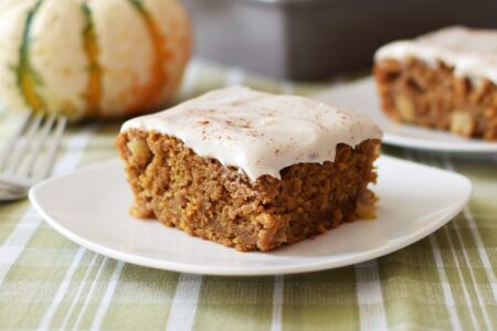 Pumpkin Apple Pie Cake with Dairy-Free Cream Cheese Frosting Recipe - this delightful autumn snack cake is amazingly gluten-free, vegan and free of top allergens!
