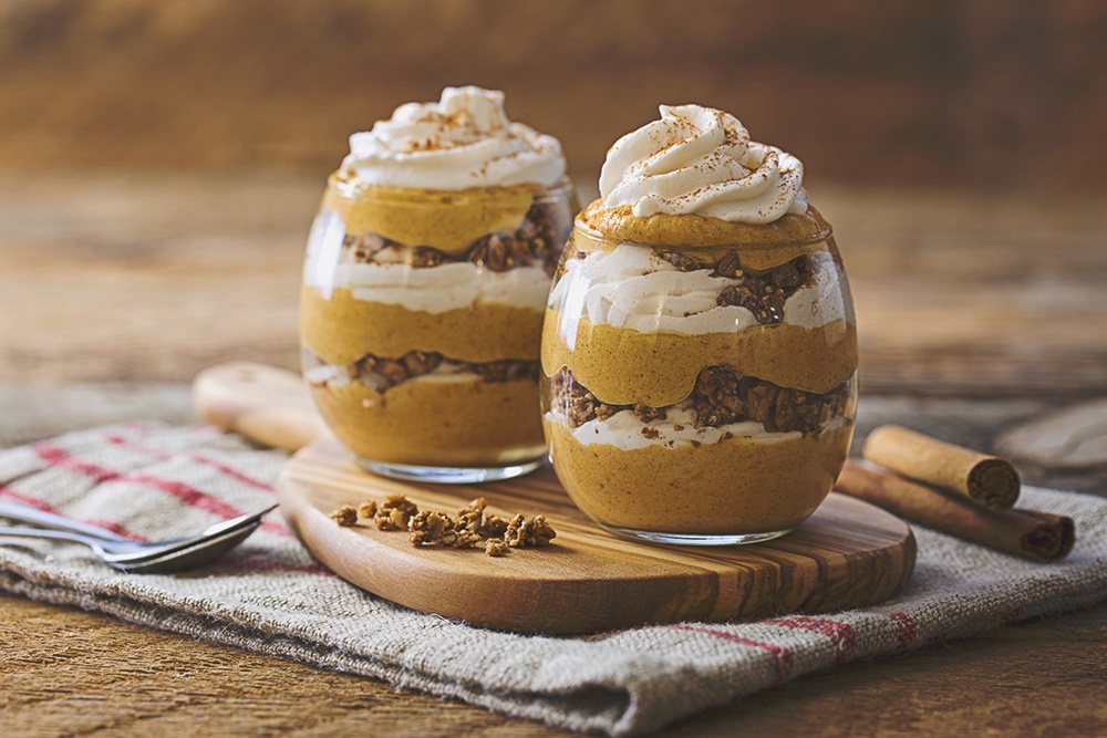 Vegan Pumpkin Spice Parfaits Recipe - Amazing layers of dairy-free spiced pumpkin mousse, coconut whip and gluten-free granola.