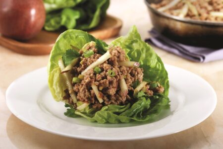 Asian Chicken Lettuce Wraps Recipe with Crunchy Pears by Ellie Krieger (dairy-free, gluten-free optional)