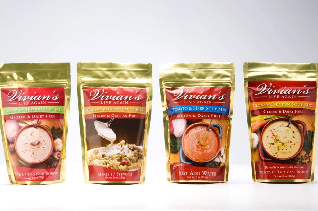Vivian's Live Again Creamy Soup & Sauce Mixes Reviews and Info - Dairy-Free, Gluten-Free Alternatives. Pictured: All
