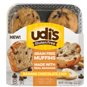 Udi's Gluten-Free Muffins Reviews and Info - all dairy-free, nut-free, and soy-free. Pictured: Grain-Free Banana Chocolate Chip