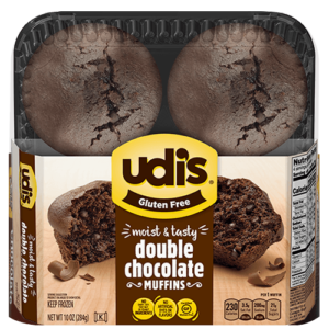 Udi's Gluten-Free Muffins Reviews and Info - all dairy-free, nut-free, and soy-free. Pictured: Double Chocolate