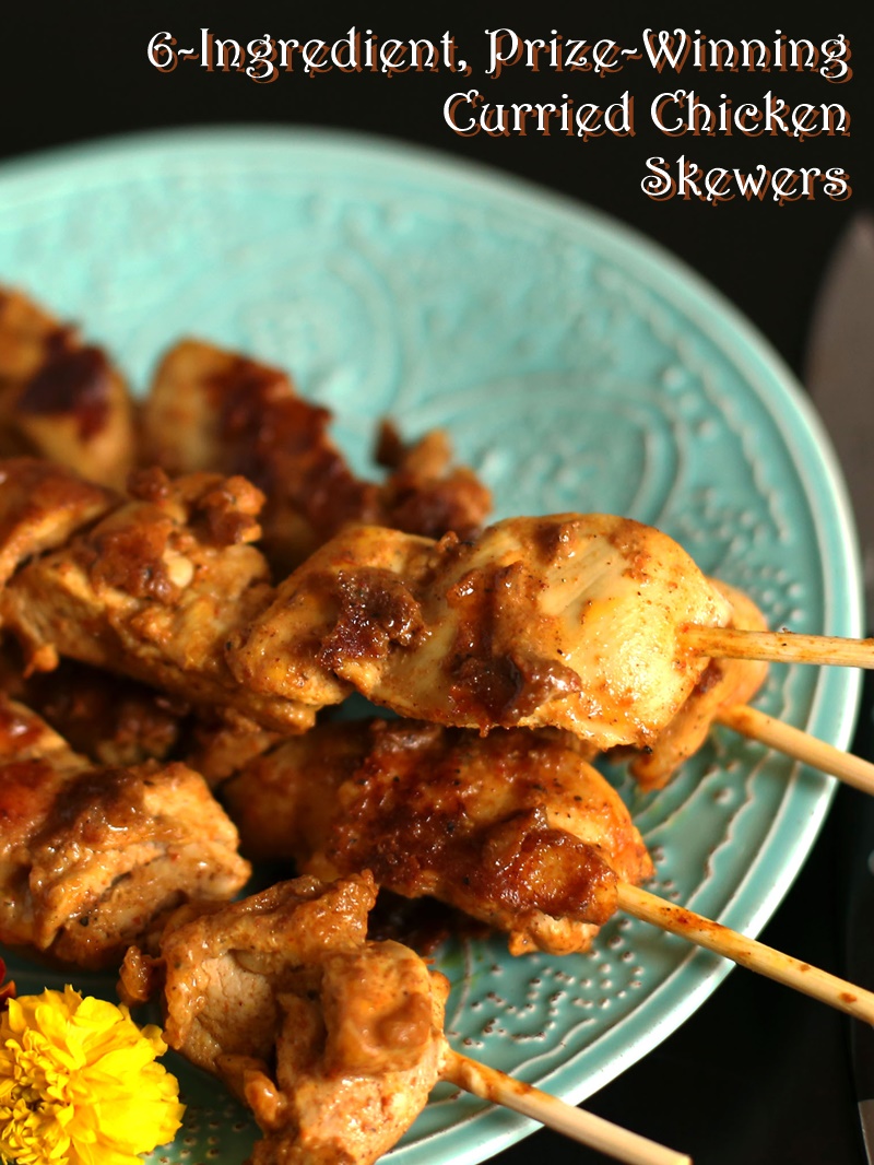 Easy Curried Chicken Skewers - Just 6 ingredients in this healthy, flavorful, contest-winning recipe! Naturally dairy-free, gluten-free, and allergy-friendly