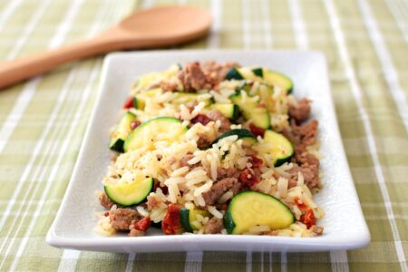 Italian Rice Skillet with Zucchini, Sun-Dried Tomatoes and Speedy Homemade Turkey Sausage - a healthy 30 minute meal! Dairy-free, gluten-free.