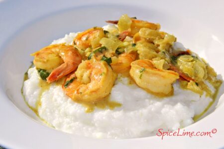 Coconut Curry Shrimp and Grits - a grand-prize winning Indian recipe with Southern flair. Dairy-free, gluten-free, allergy-friendly.