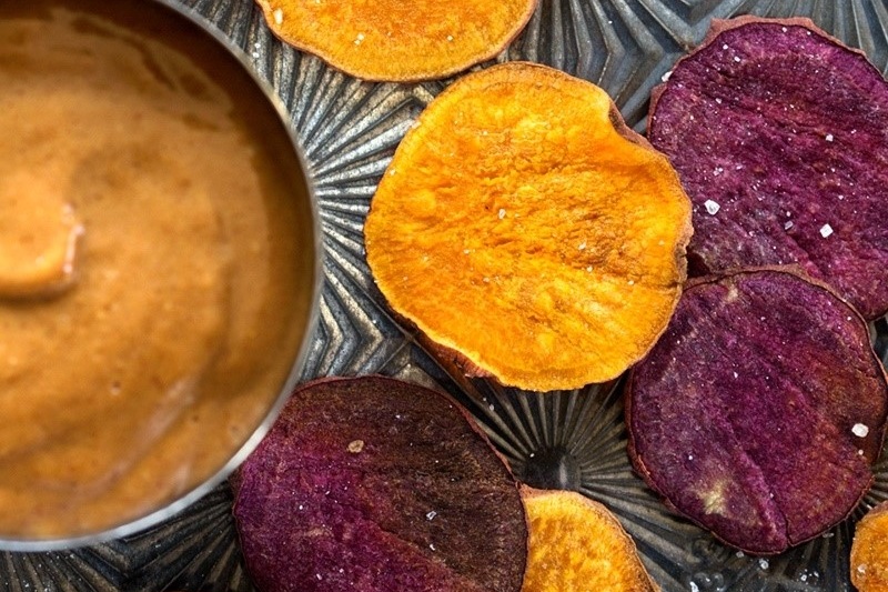 Dairy-Free Baked Sweet Potato Chips with 5 Seasoning Options + Plant-Based Caramel Date Dip Recipe