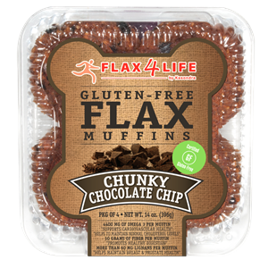 Flax4Life Flax Muffins Reviews and Info - dairy-free, gluten-free, nut-free, and oh-so hearty! These are packed with fiber, omega 3s, and deliciousness. Pictured: Chunky Chocolate Chip (singles also available)