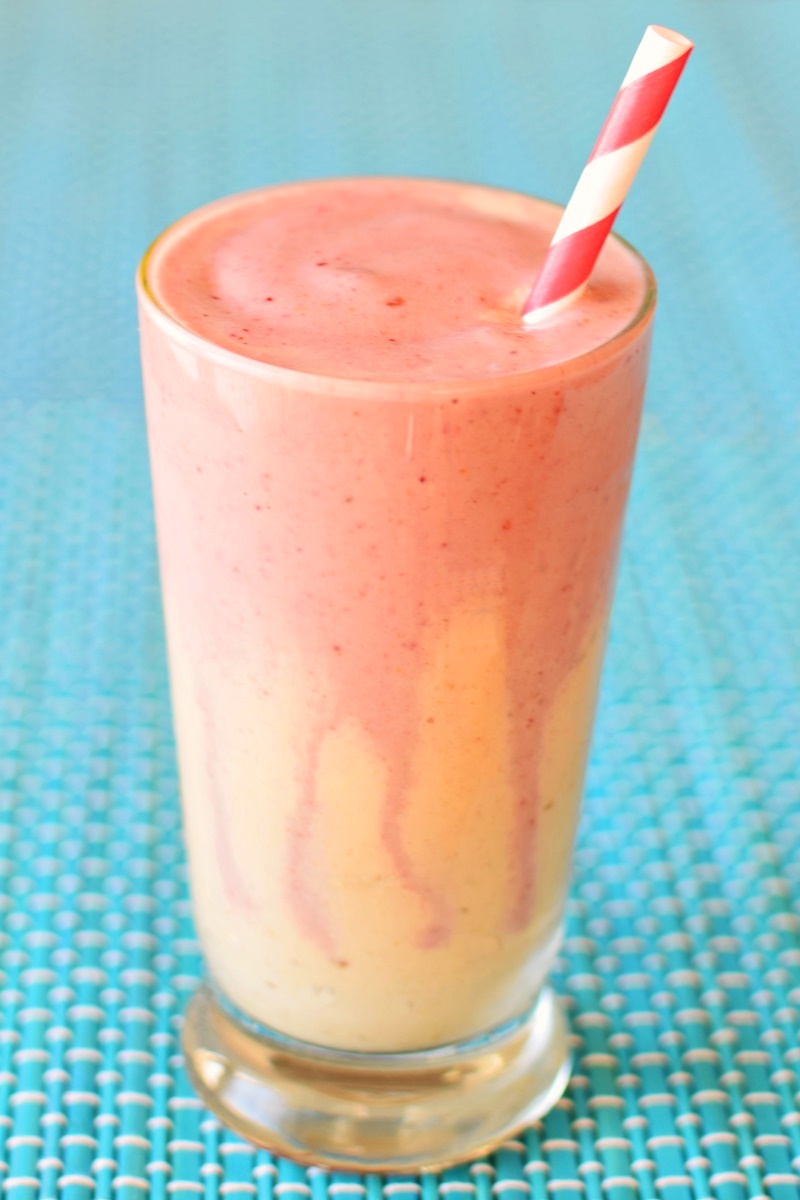 Perfect Peanut Butter and Jelly Smoothie Recipe (strawberry version)! The delicious, nutritious layers are SO easy to make. Vegan, gluten-free, soy-free. @wymansfruit #SpringIntoSmoothies