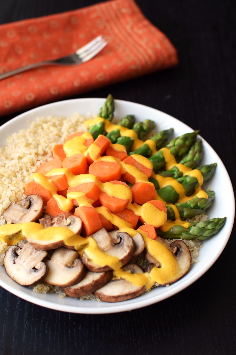 Spring Quinoa Bowl with Vegan Healthy Hollandaise Sauce Recipe - Healthy, no oil, dairy-free, gluten-free and delicious! 