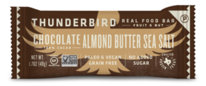 Thunderbird Real Food Bars Reviews and Info - vegan, paleo, gluten-free, dairy-free, soy-free. Made with fruit, nuts, and seeds. Pictured: Chocolate Almond Butter Sea Salt