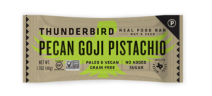 Thunderbird Real Food Bars Reviews and Info - vegan, paleo, gluten-free, dairy-free, soy-free. Made with fruit, nuts, and seeds. Pictured: Pecan Goji Pistachio