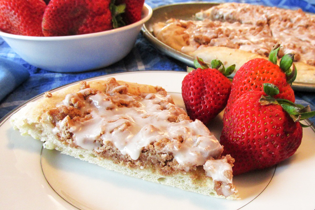 Vegan Cinnamon Streusel Dessert Pizza Recipe - dairy-free, egg-free, nut-free, soy-free, and family friendly! Kids can even help bake it.
