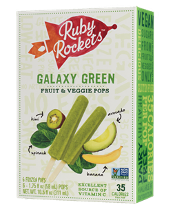Ruby Rockets Fruit and Veggie Bars Reviews and Information. No Added Sugar, No Dairy, Real Fruit Purees. Pictured: Galaxy Green