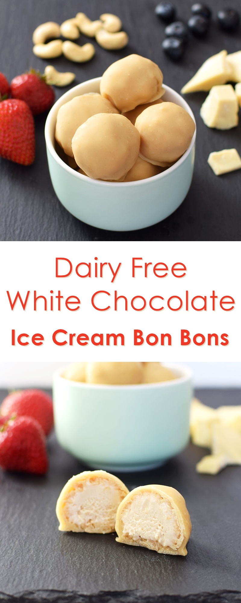 Dairy Free White Chocolate Ice Cream Bon Bons - made w/ a quick homemade vegan white chocolate shell. Gluten-free optional.