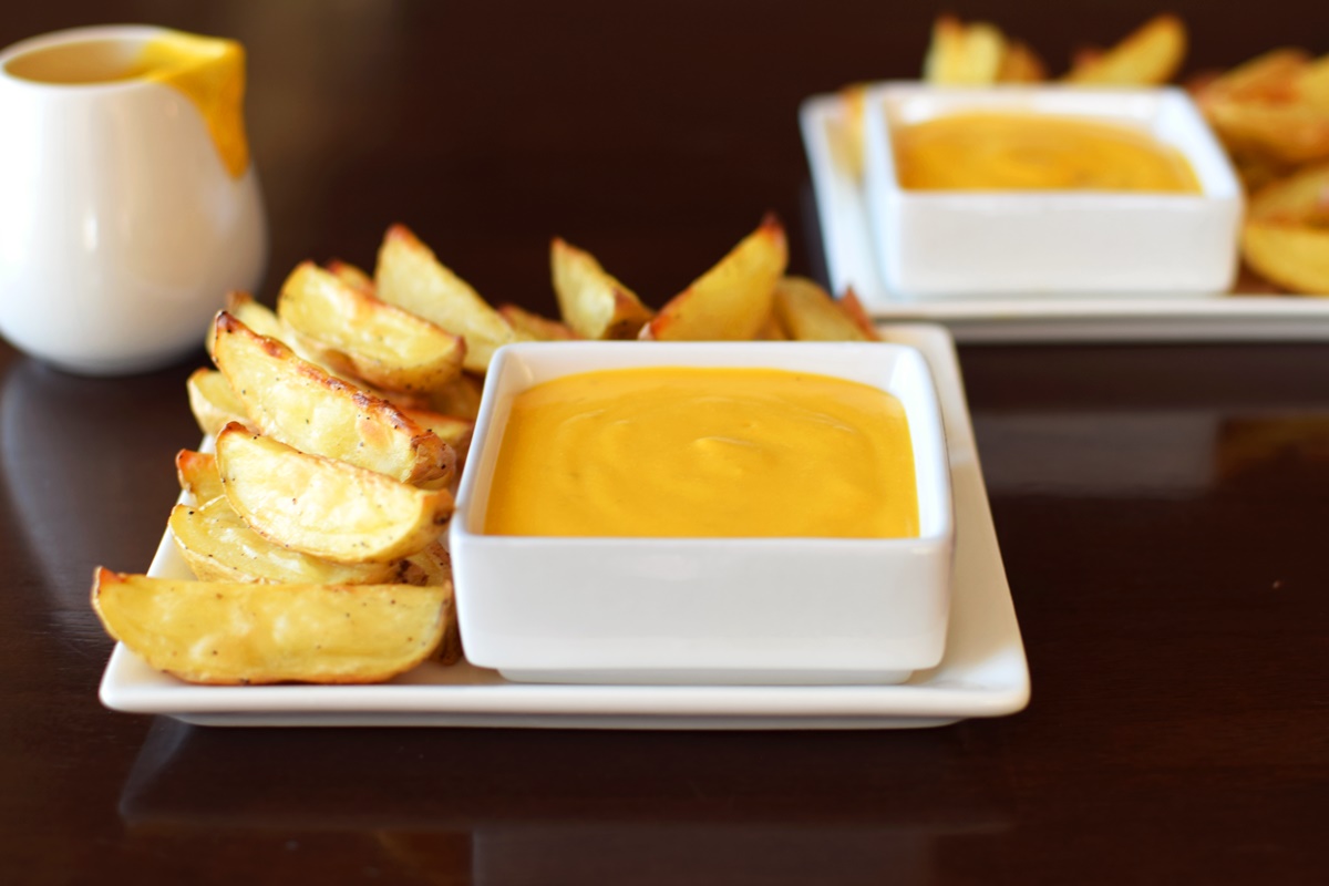 Dairy Free Cheese Sauce Recipe with Baked Baby Wedge Fries Recipe - all vegan, plant-based, gluten-free, soy-free and nutritious