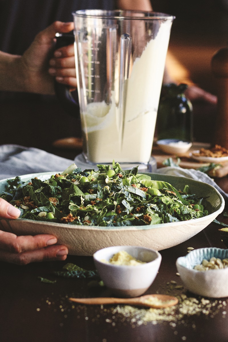 Vegan Kale Caesar Salad Recipe with Creamy Dairy-Free Dressing, Seed Cheeze and Tempeh Croutons