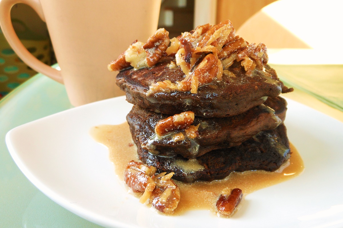 German Chocolate Pancakes with Coconut Pecan Maple Syrup
