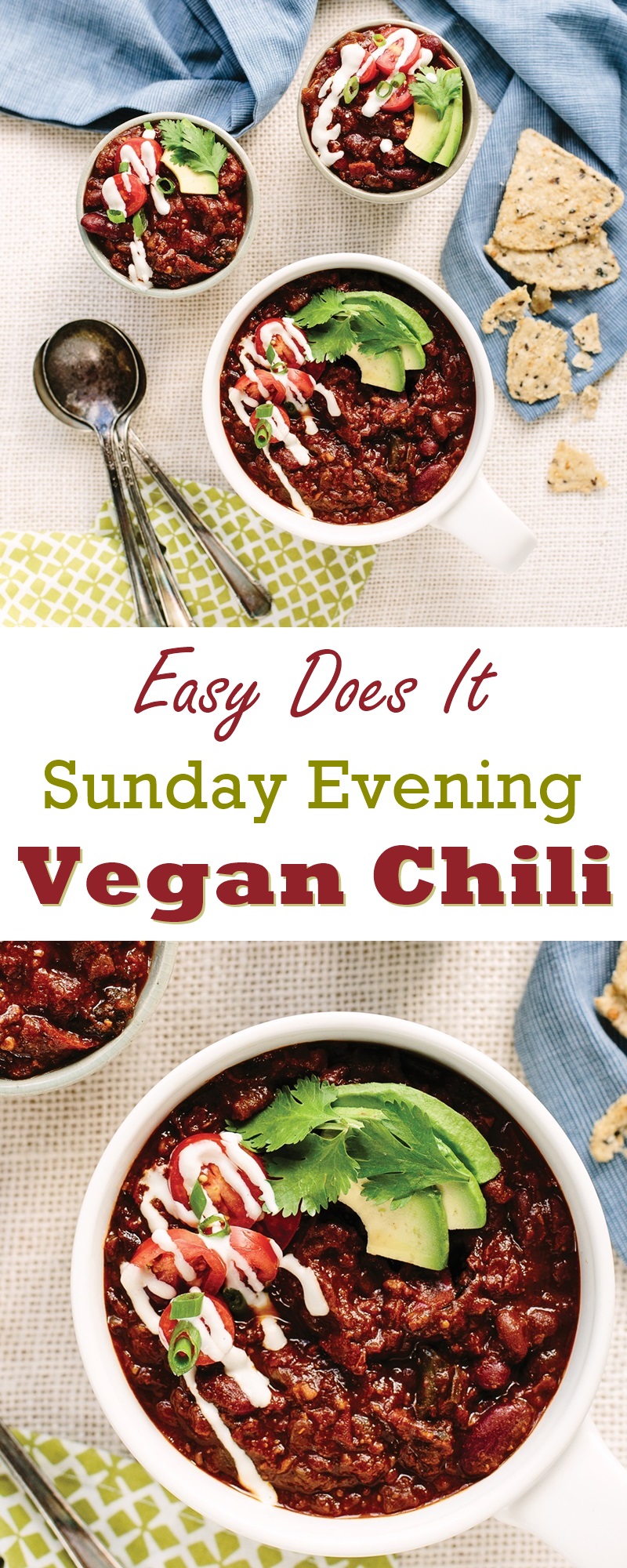 Easy Does It Sunday Night Vegan Chili Recipe from Blissful Basil (gluten-free + nut-free and soy-free options)