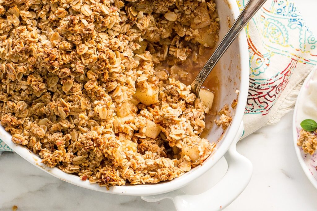 Dairy-Free Almond Apple Crisp Recipe - butterless, plant-based, and naturally gluten-free! Includes nut-free options.