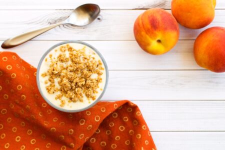 Peach Crisp Yogurt Parfait Recipe with No Bake Crumble Topping - dairy-free, gluten-free, and vegan!