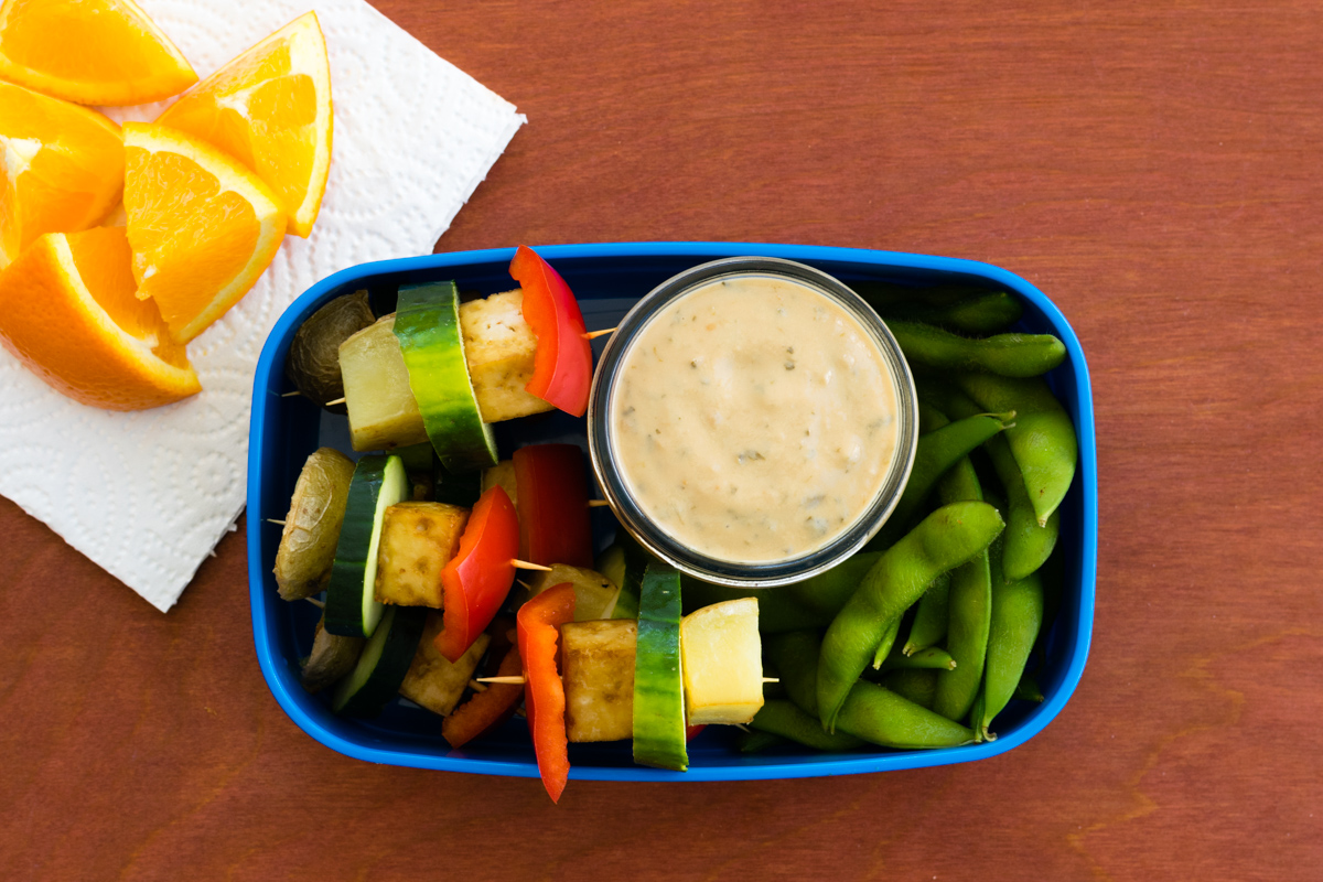 5 Super Easy Kids Lunch Ideas - School-safe, Dairy-free, Plant-based (Asian Kabob Box pictured)
