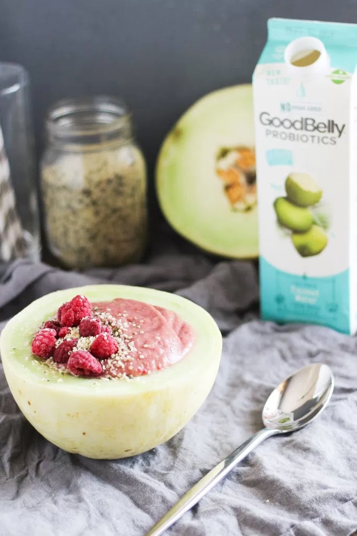 7 GoodBelly Smoothies for a Happy Tummy (pictured Coconut Raspberry Melon Smoothie)