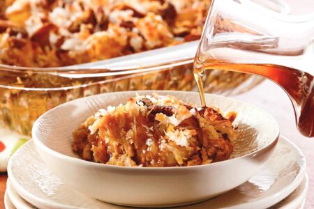 Coconut Pumpkin Bread Pudding with Spiced Maple Syrup