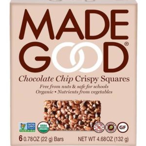 Made Good Crispy Squares are vegan, gluten-free, and allergy-friendly. School safe in four flavors: vanilla, chocolate chocolate chip, strawberry, caramel (yes, dairy-free!)