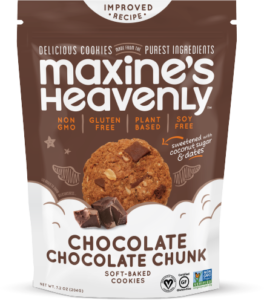 Maxine's Heavenly Snack Cookies Reviews and Info. Dairy-Free, Gluten-Free, and Vegan. Pictured: Chocolate Chocolate Chunk
