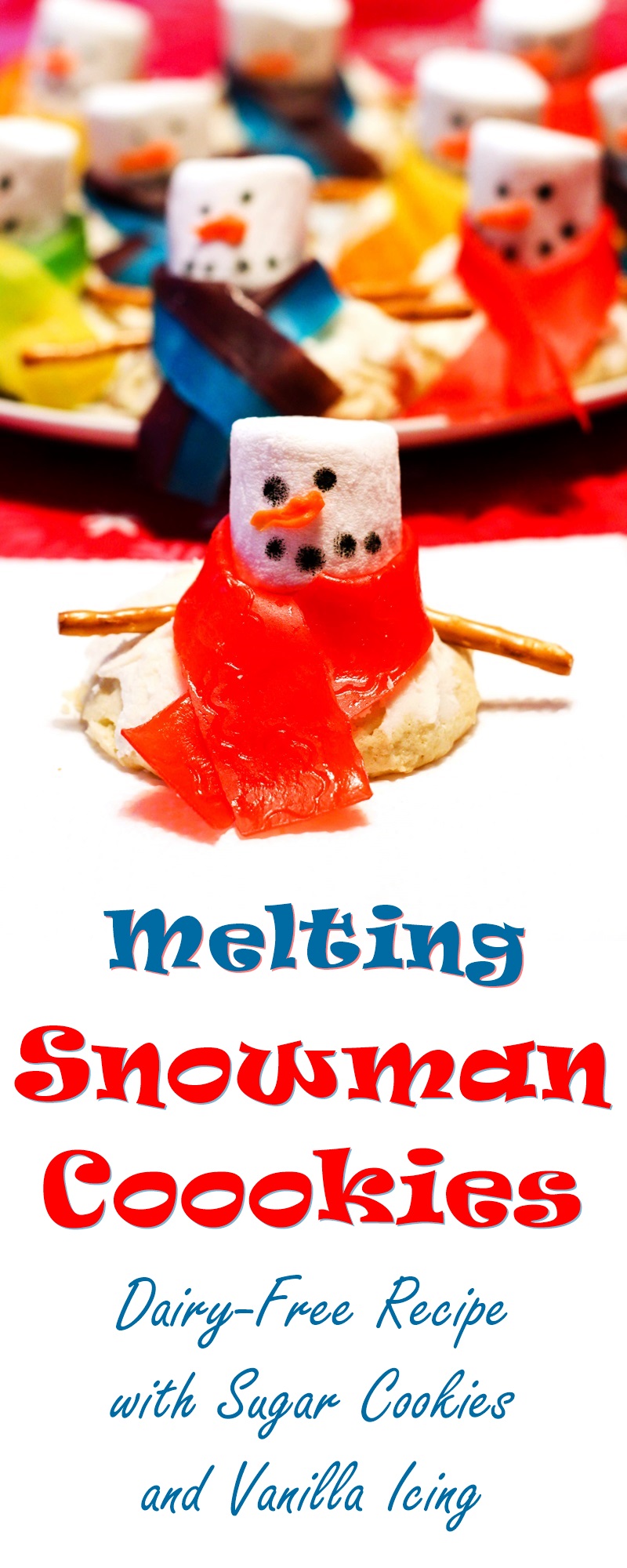 Dairy-free Melting Snowman Cookies Recipe - with homemade vegan vanilla icing and the decorations. Also nut-free & optionally soy-free.