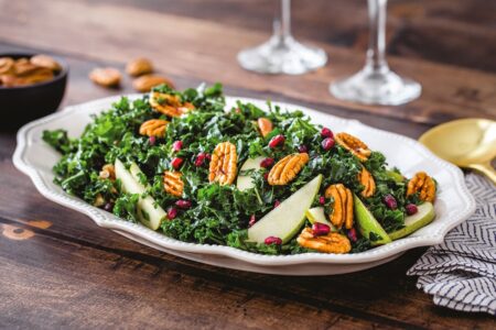 Massaged Kale Winter Salad Recipe with Pomegranate, Pears & Pecans - dairy-free, gluten-free, allergy-friendly (nut-free option), paleo, vegan, and Whole30